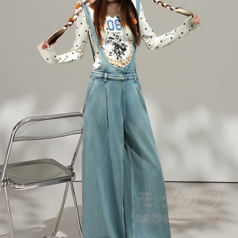 Zweiteiliges Set aus Hoodie mit Schmetterlingsprint, weitem Bein und Jeans-Latzhose - image 8
