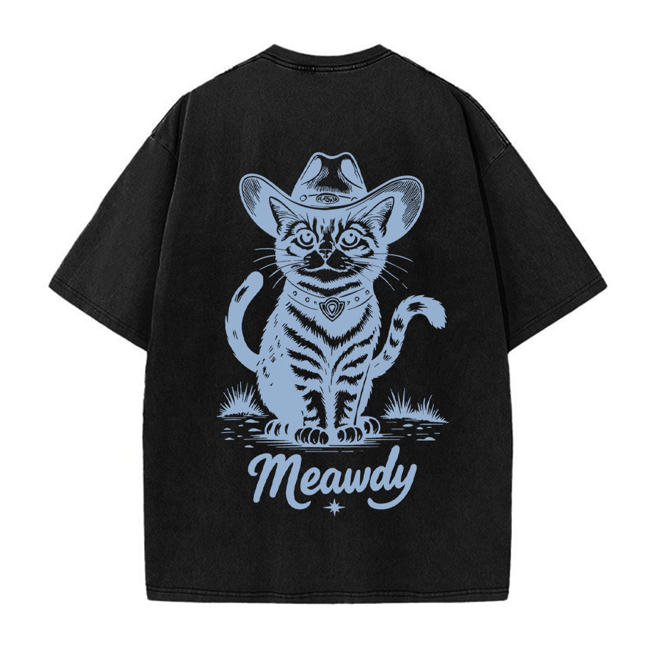 Cowboy Cat Grafik Unisex Vintage Washed T-Shirt - Schwarz - 5XL - image 4