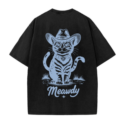 Cowboy Cat Grafik Unisex Vintage Washed T-Shirt - Schwarz - 5XL - image 4