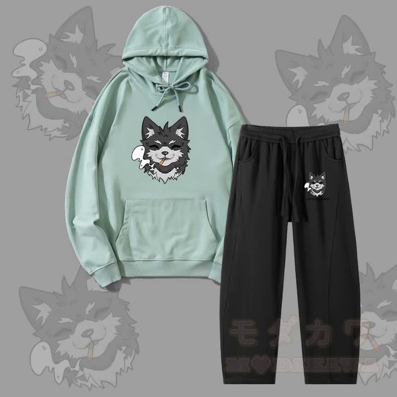MODAKAWA Koda Smoking Puppy Grafik-Hoodie für Herren, Kordelzughose, zweiteiliges Set - Grün & Schwarz - 4XL - image 4
