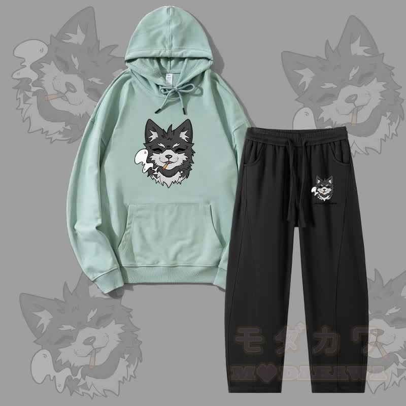 MODAKAWA Koda Smoking Puppy Grafik-Hoodie für Herren, Kordelzughose, zweiteiliges Set - Grün & Schwarz - 4XL - image 4