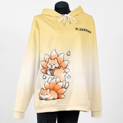 MODAKAWA Farbverlauf-Pullover-Hoodie mit neunschwänzigem Fuchs-Grafik - Yellow - 5XL - image 3