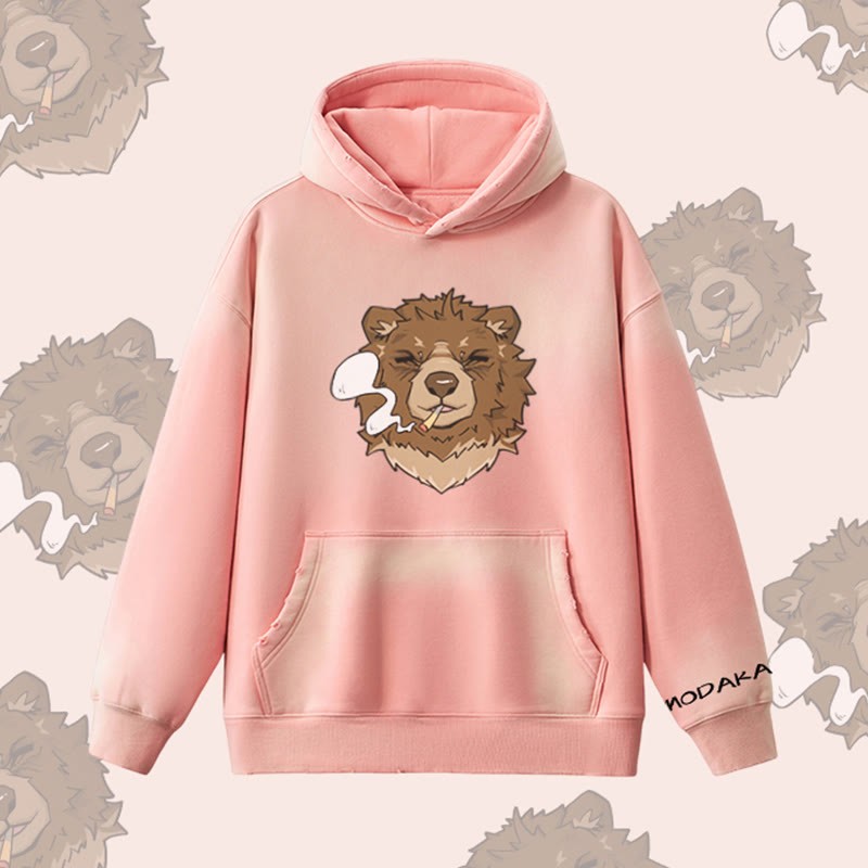 MODAKAWA Smoking Bear Graphic Vintage Washed Fleece Lined Hoodie - Pink - 2XL - image 6