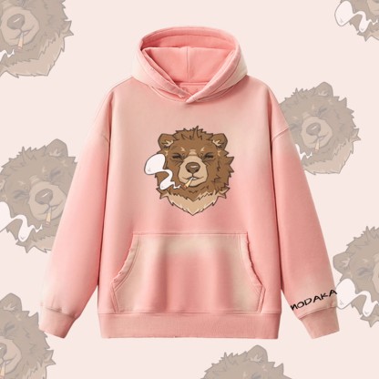 MODAKAWA Smoking Bear Graphic Vintage Washed Fleece Lined Hoodie - Pink - 2XL - image 6