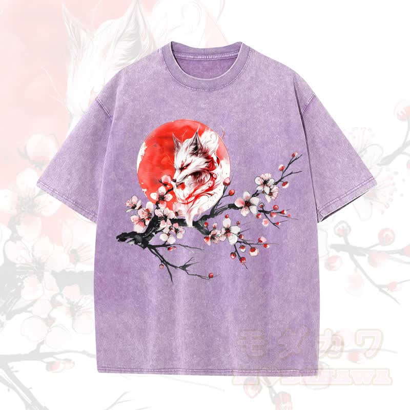 MODAKAWA Vintage Washed Fox Sun Plum Blossom Print Kurzarm-T-Shirt - Lila - 5XL - image 8