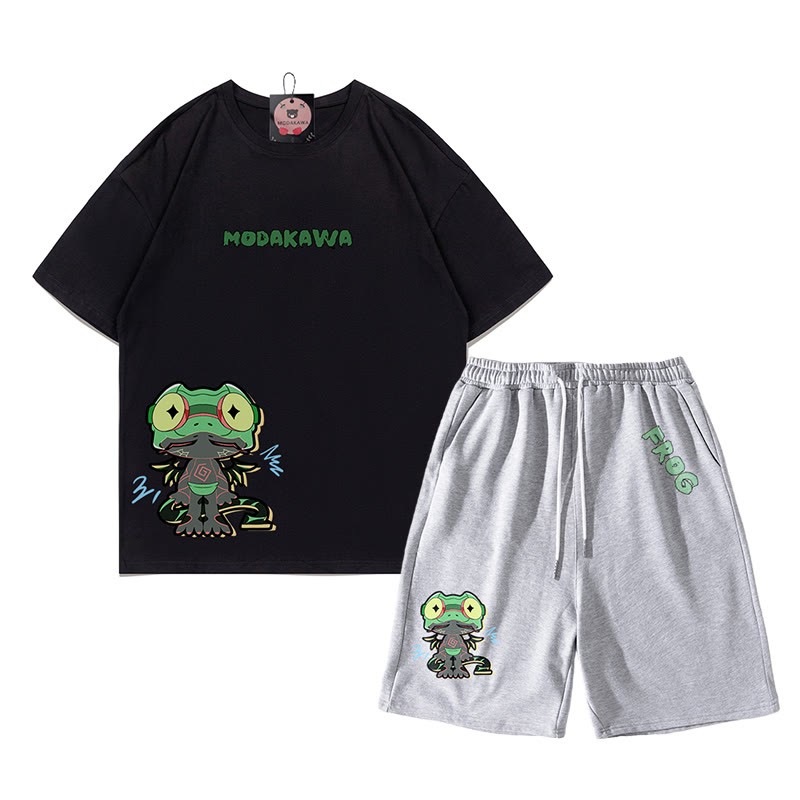 Lustiges T-Shirt mit Frosch-Grafik und dunkler Ästhetik, zweiteiliges Set - Schwarz&Grau - B - 5XL - image 17