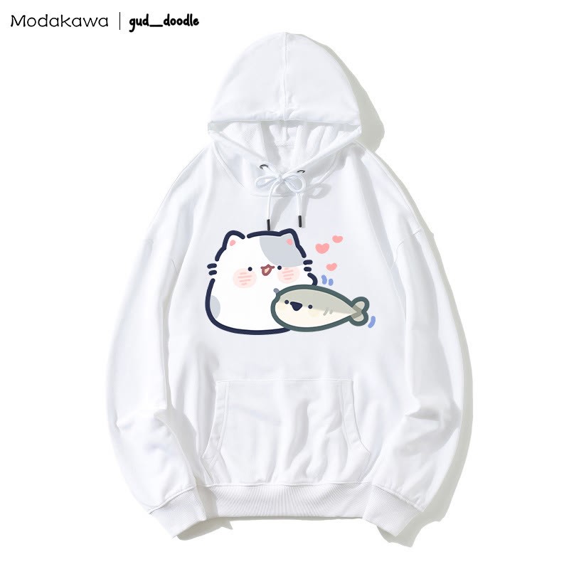 MODAKAWA X gud_doodle – Lockerer Hoodie mit Kitten-Fisch-Print - White - 5XL - image 3