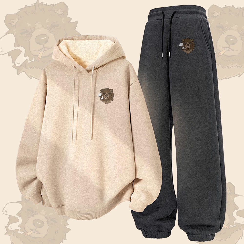 MODAKAWA Smoking Bear Grafik, dick gefütterter Hoodie und Hose, zweiteiliges Set - Apricot&Dark Grey - 5XL - image 2