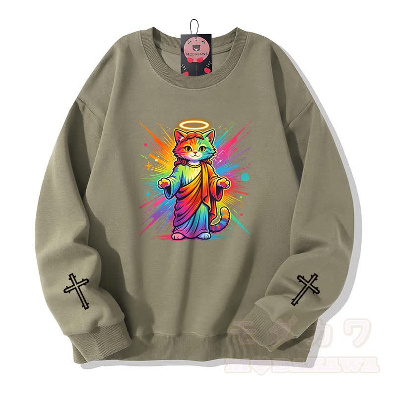 Modakawa Sweatshirt mit Regenbogen-Engel-Katzenkreuz-Grafik - Hellkhaki - 5XL - image 6