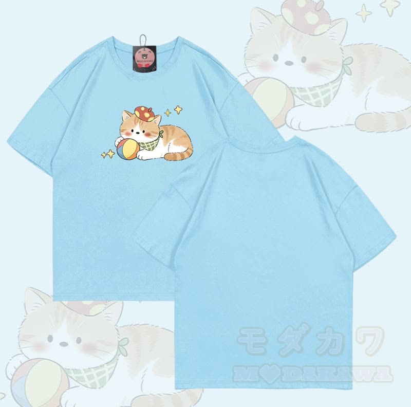 Modakawa T-Shirt aus 100 % Baumwolle mit Katzenmotiv - Himmelblau - 5XL - image 7