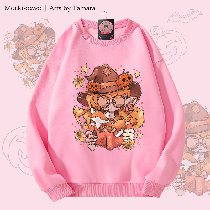 MODAKAWA X Arts by Tamara Witch And Her Fox Halloween Grafik Unisex Sweatshirt - Pink - 5XL - image 4