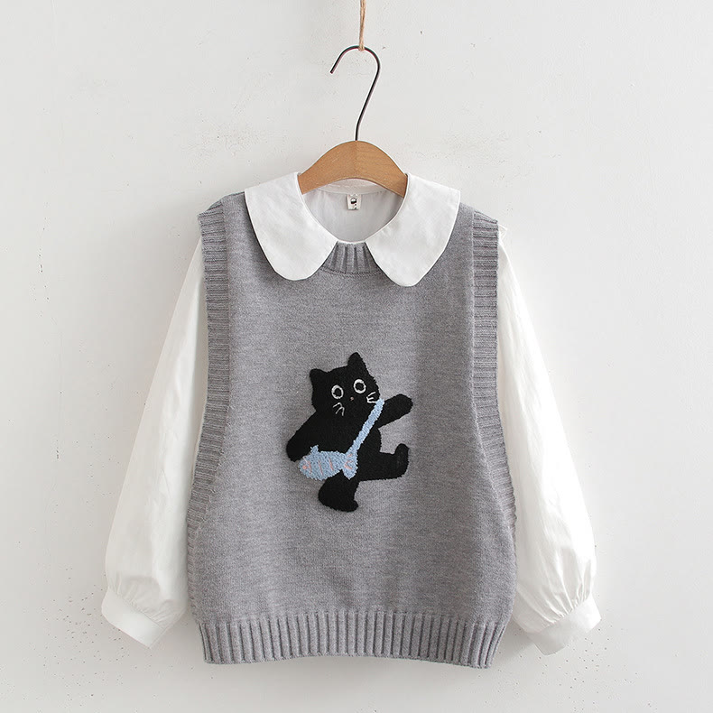 Dreiteiliges Set aus Strickweste, Bluse und Rock mit Rundhalsausschnitt und Katzenmotiv - image 8