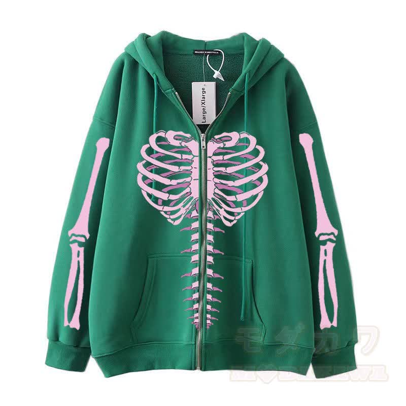Gothic Oversized Kapuzenpullover mit Skelett-Print und Reißverschluss - Grün - 3XL - image 6