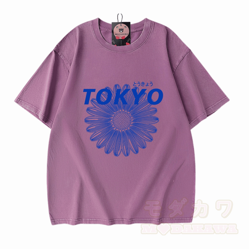 TOKYO Blumengrafik Modakawa Vintage gewaschenes T-Shirt aus 100% Baumwolle - Lila - 5XL - image 6