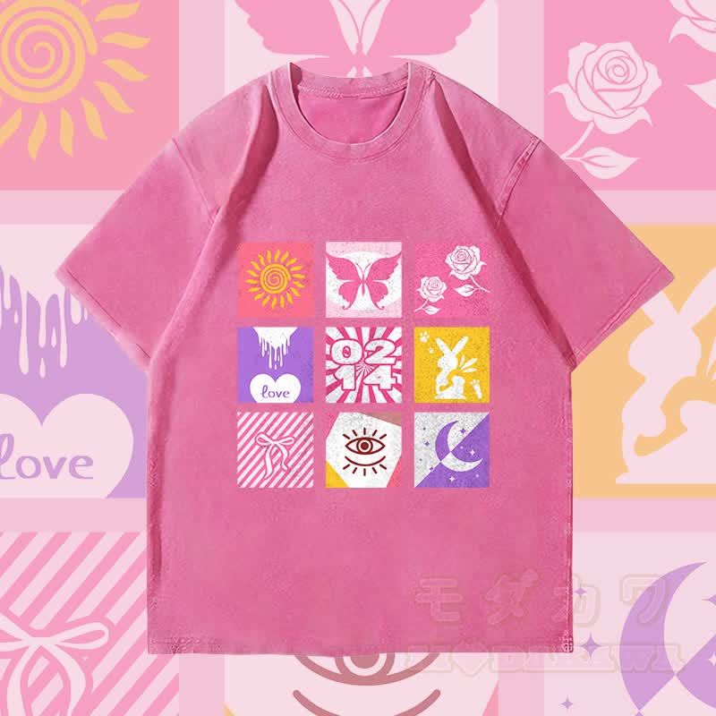 MODAKAWA Unisex Vintage Washed T-Shirt mit gemischtem Symbolgitter - Rosenrot - 4XL - image 4