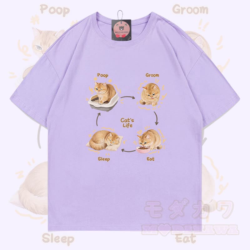 Modakawa T-Shirt mit Katzenleben-Motiv, 100 % Baumwolle - Hellviolett - 5XL - image 3