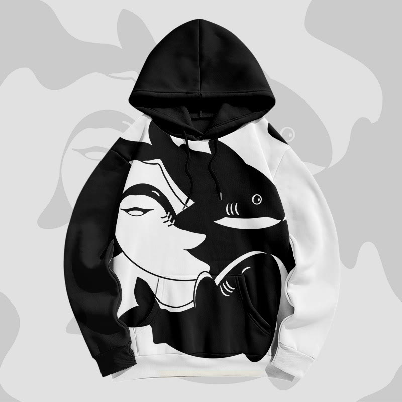 MODAKAWA Pullover-Hoodie mit Hai-Grafik und Farben -Print - Black - 5XL - image 5