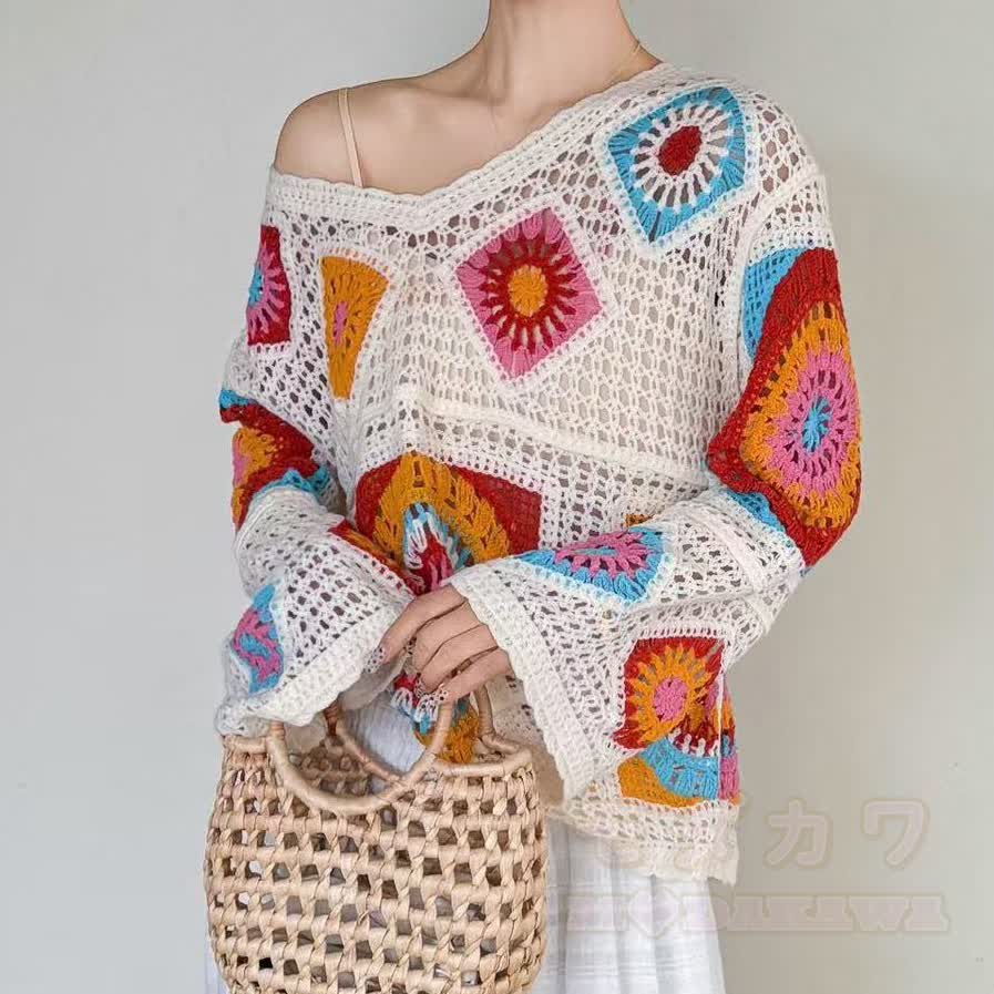 Boho Patchwork Häkel-Strandpullover mit langen Ärmeln, transparent, langärmelig - Blau - One Size - image 6