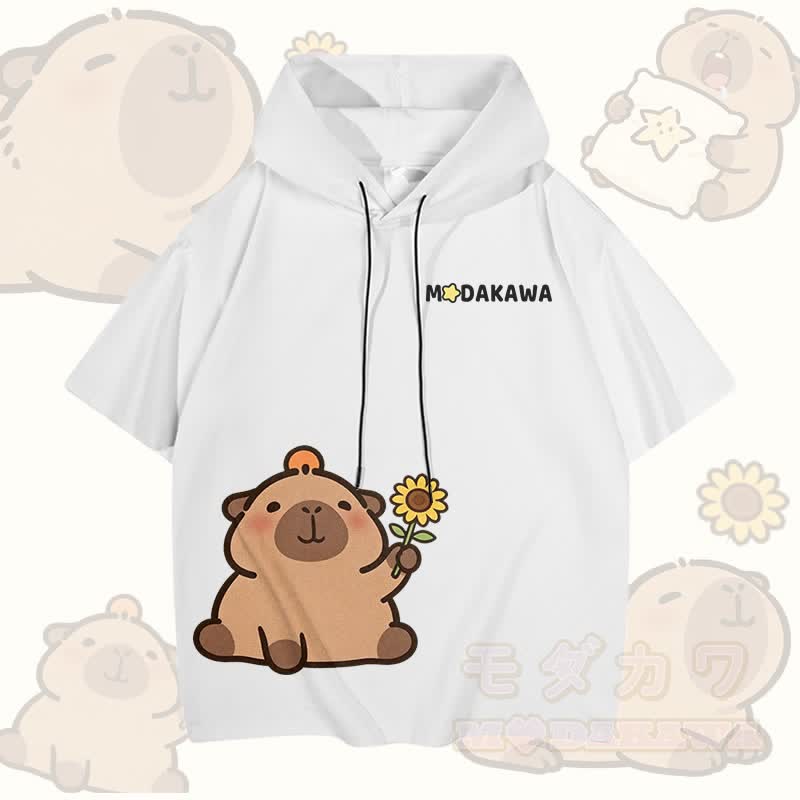 Modakawa Kurzarm-Hoodie mit Sonnenblumen-Capybara-Motiv - Weiß - 3XL - image 4