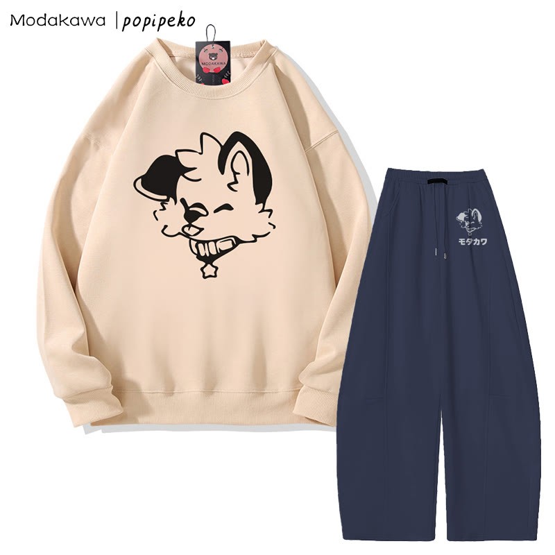 MODAKAWA X popipeko Sweatshirt mit Zungen-Welpen-Grafik, weit geschnittene Hose, zweiteiliges Set - Apricot&Purplish Blue - 5XL - image 5