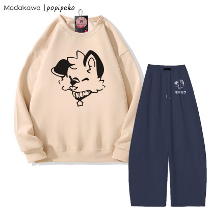 MODAKAWA X popipeko Sweatshirt mit Zungen-Welpen-Grafik, weit geschnittene Hose, zweiteiliges Set - Apricot&Purplish Blue - 5XL - image 5