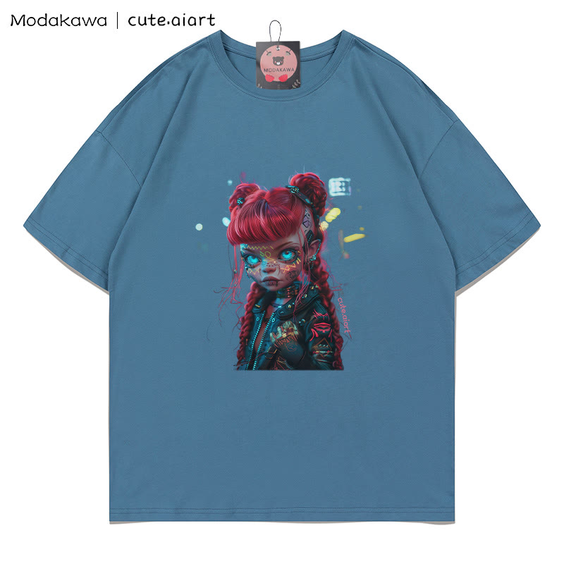 Cyberpunk-Dämonenmädchen-Grafik-T-Shirt - Dark Dusty Blue - 5XL - image 4
