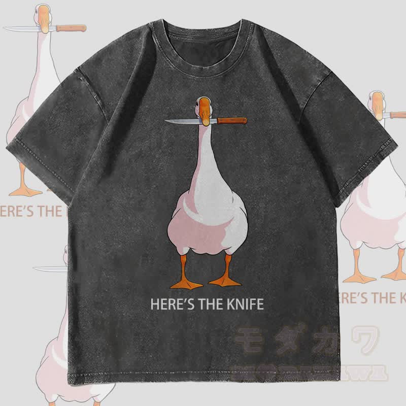 MODAKAWA HIER IST DAS MESSER Gänse-Grafik Unisex Vintage Washed T-Shirt - Schwarz - 4XL - image 4