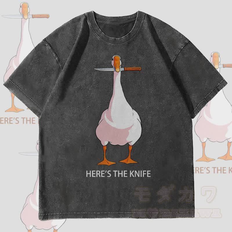 MODAKAWA HIER IST DAS MESSER Gänse-Grafik Unisex Vintage Washed T-Shirt - Schwarz - 4XL - image 4