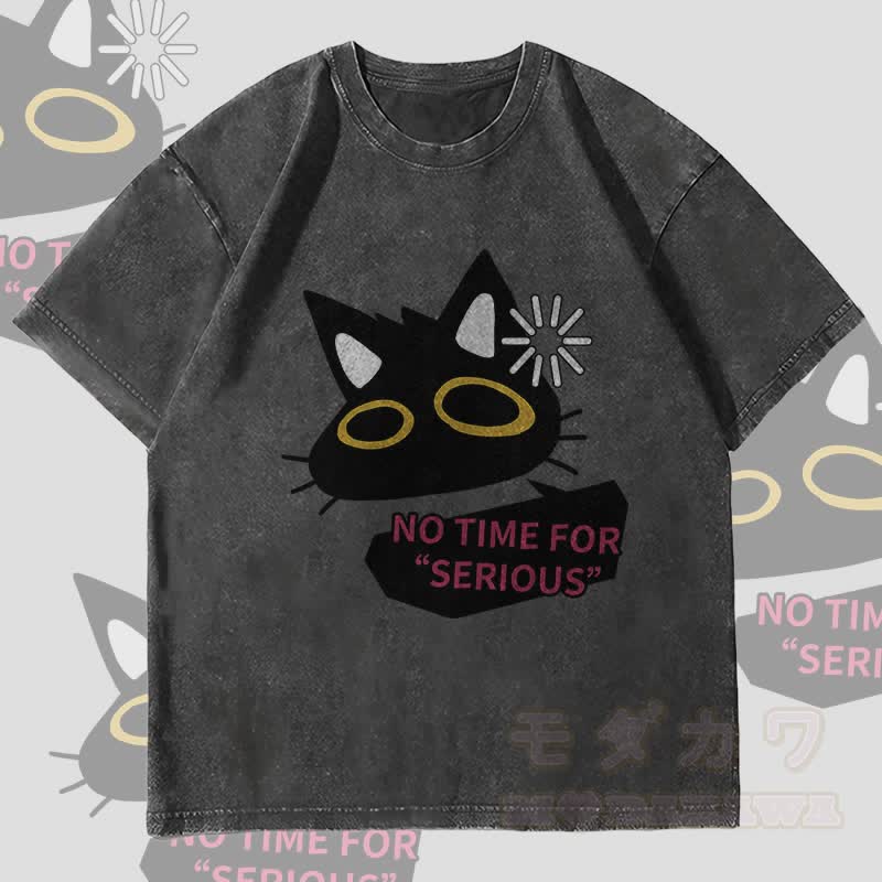 MODAKAWA NO TIME FOR SERIOUS Schwarze Katze Grafik Unisex Vintage Washed T-Shirt - Schwarz - 4XL - image 4