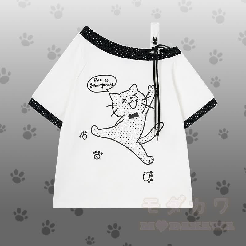 Polka Dot Cat Graphic One Shoulder T-Shirt Kitty Gingham Shorts Modakawa Matching Outfit - Weißes T-Shirt - L - image 4