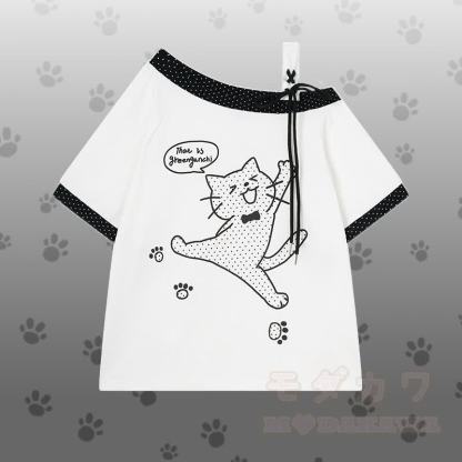 Polka Dot Cat Graphic One Shoulder T-Shirt Kitty Gingham Shorts Modakawa Matching Outfit - Weißes T-Shirt - L - image 4