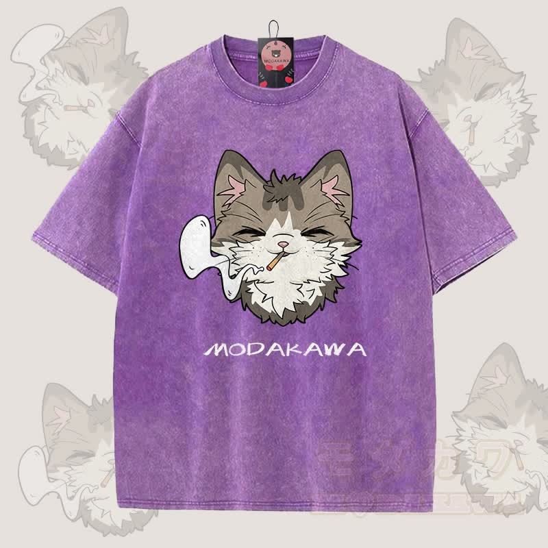 MODAKAWA Smoking Cat Grafik Unisex Vintage Washed T-Shirt - Lila - 5XL - image 7