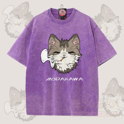 MODAKAWA Smoking Cat Grafik Unisex Vintage Washed T-Shirt - Lila - 5XL - image 7
