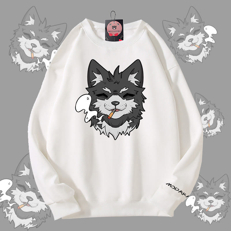MODAKAWA Smoking Puppy Grafik Unisex Sweatshirt - White - 5XL - image 3