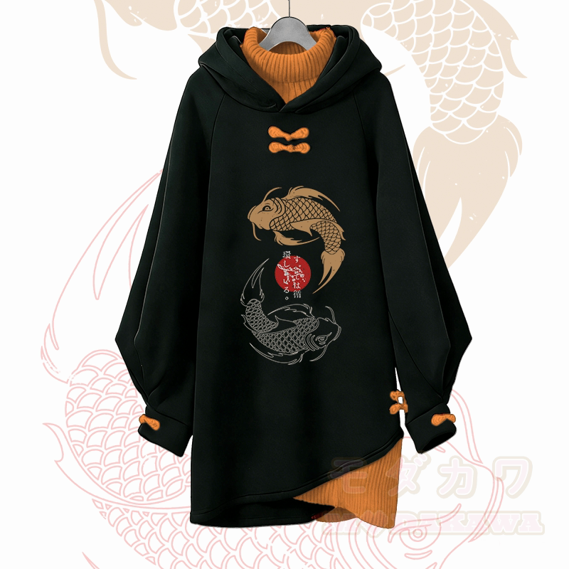 Koi-Grafik Modakawa Schnalle Vintage Kapuzenpullover Kleid - Orange - 3XL - image 3