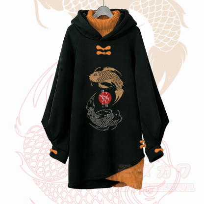 Koi-Grafik Modakawa Schnalle Vintage Kapuzenpullover Kleid - Orange - 3XL - image 3