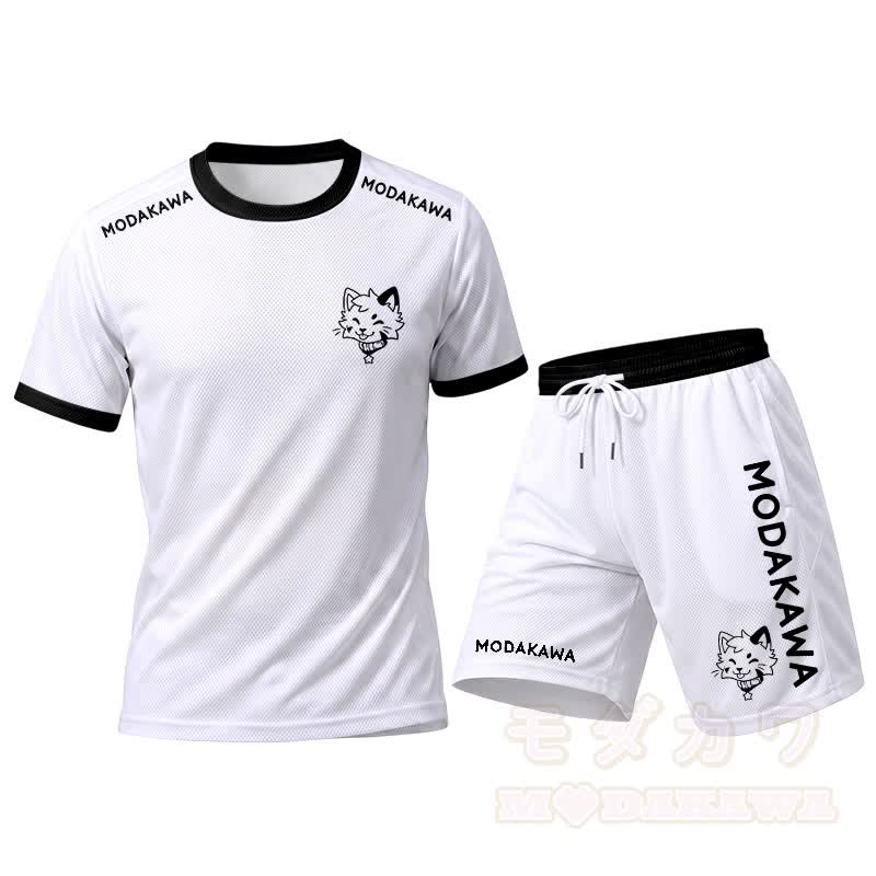 MODAKAWA X popipeko Herren-Sport-T-Shirt mit Katzenmotiv und passender Shorts mit Kordelzug - Weißes Set - 5XL - image 15