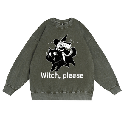 WITCH PLEASE Unisex Vintage Gewaschenes Sweatshirt Halloween Grafik Crewneck Pullover - Dunkelgrün - 3XL - image 4