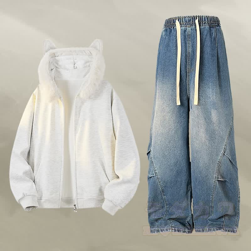 Zweiteiliger Hoodie mit Tierohren, Fleece-Futter, Reißverschluss und Jeans - Satz D - 2XL - image 4