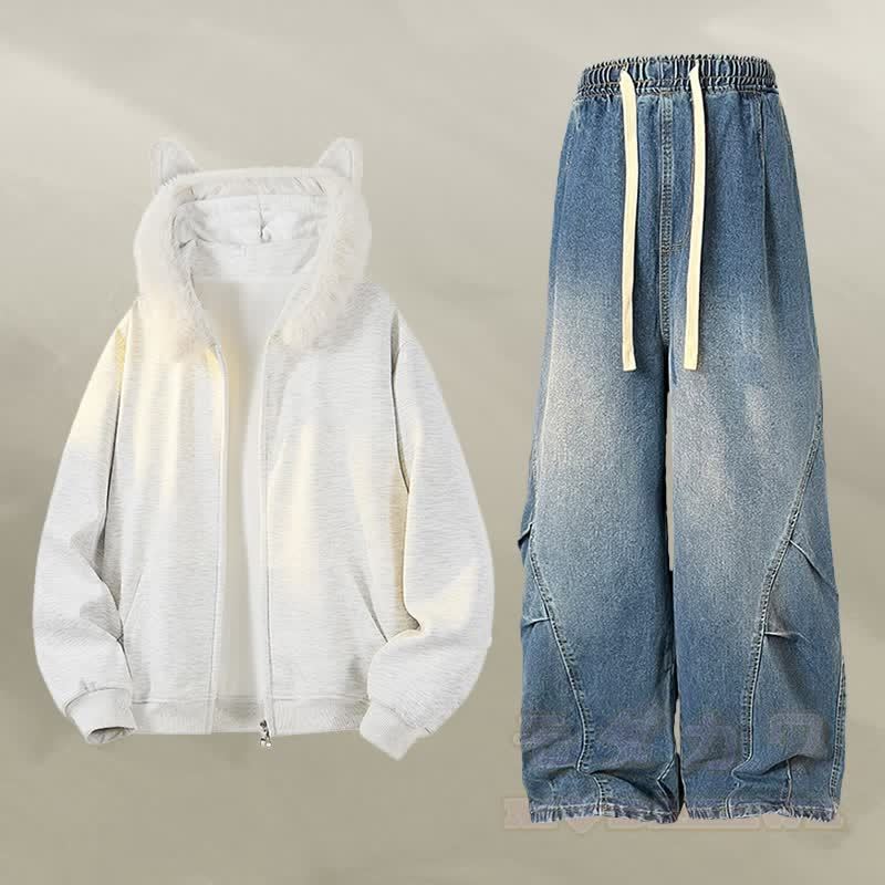 Zweiteiliger Hoodie mit Tierohren, Fleece-Futter, Reißverschluss und Jeans - Satz D - 2XL - image 4