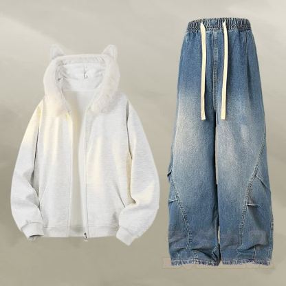 Zweiteiliger Hoodie mit Tierohren, Fleece-Futter, Reißverschluss und Jeans - Satz D - 2XL - image 4