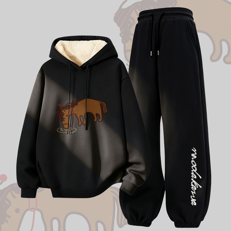 MODAKAWA Thirsty Horse Grafik-Set aus dick gefüttertem Fleece mit Kapuze und Hose, zweiteilig - Black - 5XL - image 4