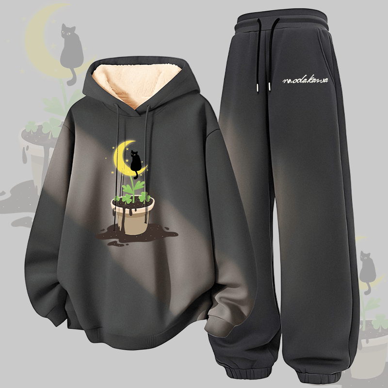MODAKAWA Zweiteiliges Set aus Hoodie und Hose mit schwarzem Katzenmotiv und dickem Fleecefutter - Dark Grey - 5XL - image 3