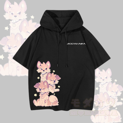 MODAKAWA X popipeko Kurzarm-Hoodie mit verspieltem Welpenmotiv - Schwarz - 3XL - image 4