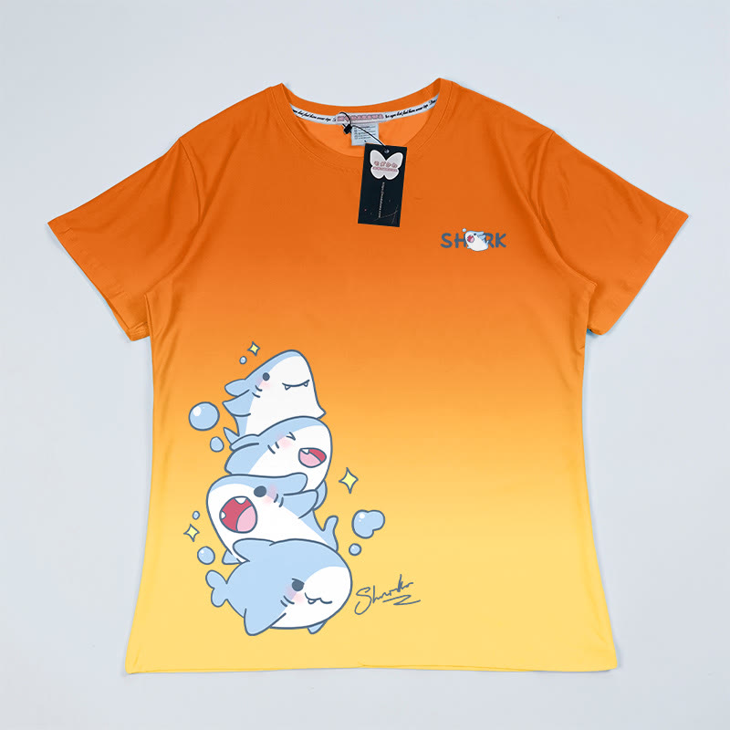 T-Shirt mit Farbverlauf und gestapelter Hai-Grafik - Orange - 5XL - image 7
