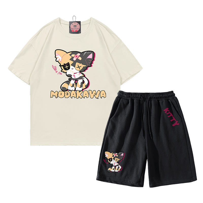 Sad Kitty Grafik Dark Aesthetic T-Shirt Shorts Zweiteiliges Set - Beige&Schwarz - B - 5XL - image 5