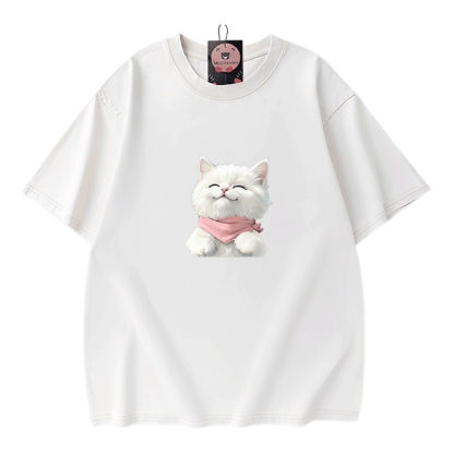 Modakawa Unisex Vintage T-Shirt mit weißer Katzengrafik - White - 5XL - image 5