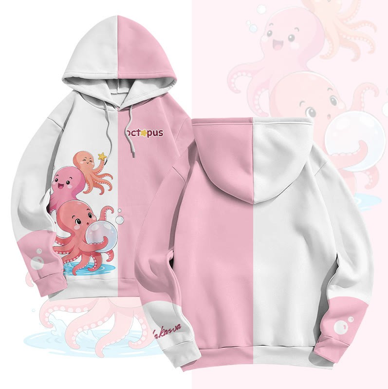 MODAKAWA Happy Octopus Graphic All Over Print Pullover Hoodie - Pink - 6XL - image 3