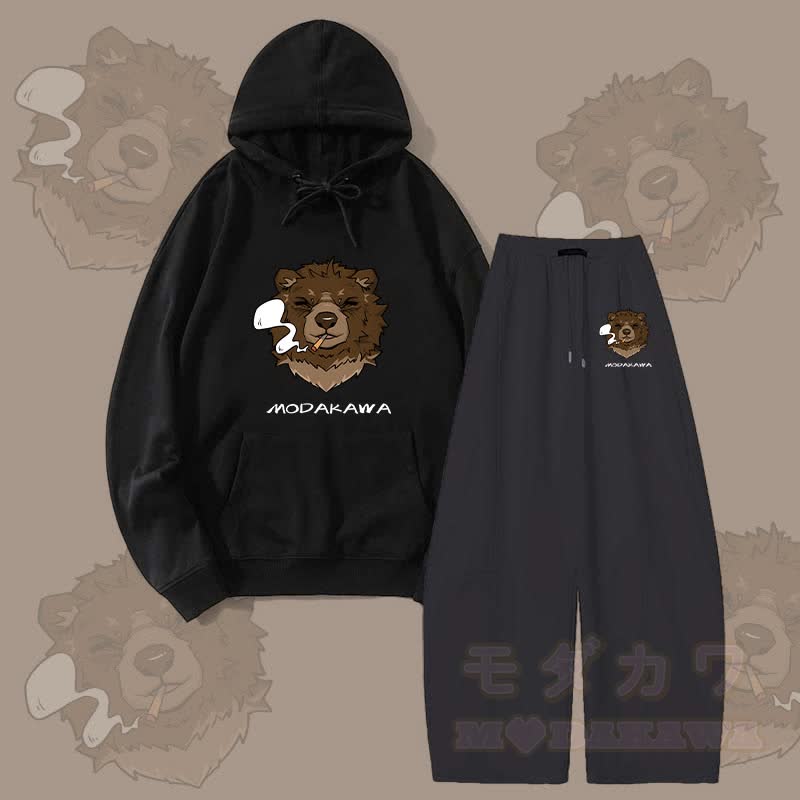 MODAKAWA Smoking Bear Grafik-Hoodie, weite Hose, zweiteiliges Set - Schwarz - 5XL - image 7