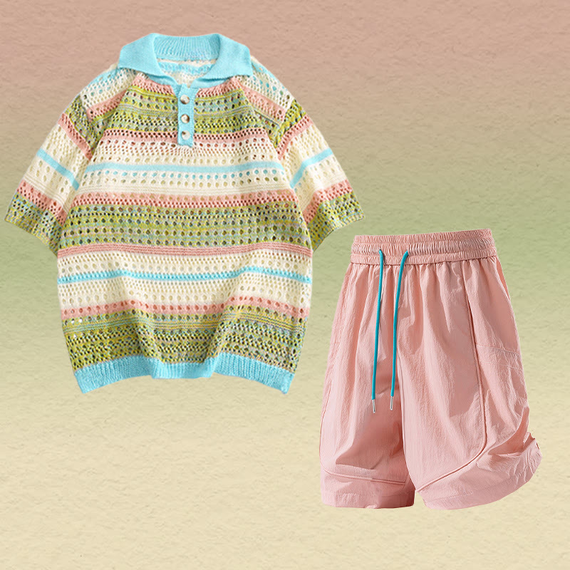 Gestreiftes Poloshirt aus offenem Strick, schnelltrocknende Shorts mit Kordelzug, passendes Outfit von Modakawa - Two Pieces Set D - 2XL - image 4